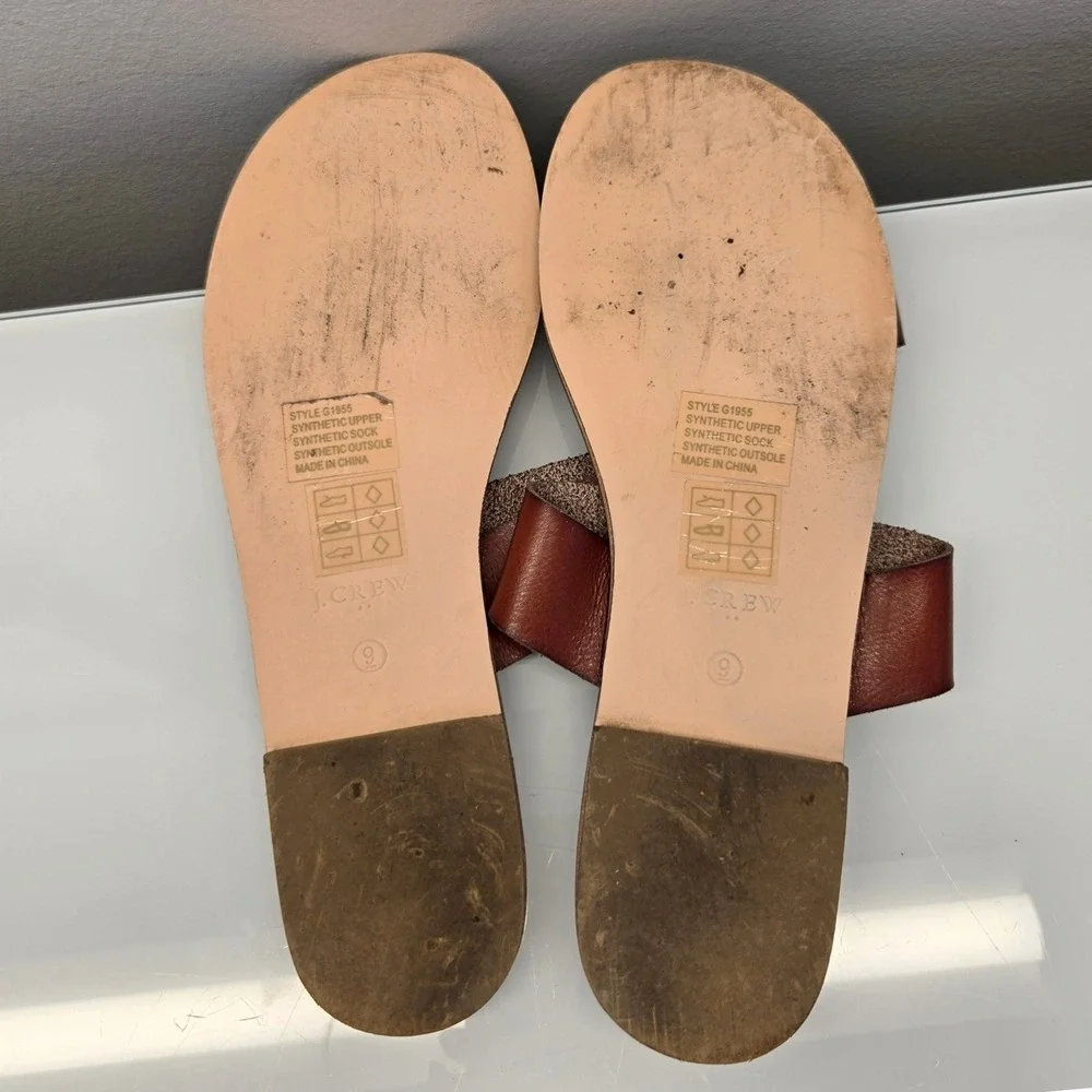 J Crew Slip On Slide Flat Sandals Women 9 Brown Double Strap Minimalist‎ Coastal